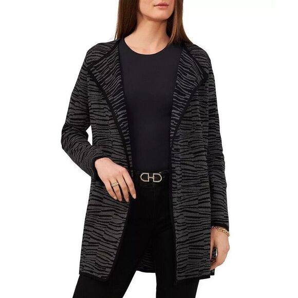 Vince Camuto Long Cardigan Womens Size Small Gray/Black Striped Zebra Open Front - Picture 2 of 10
